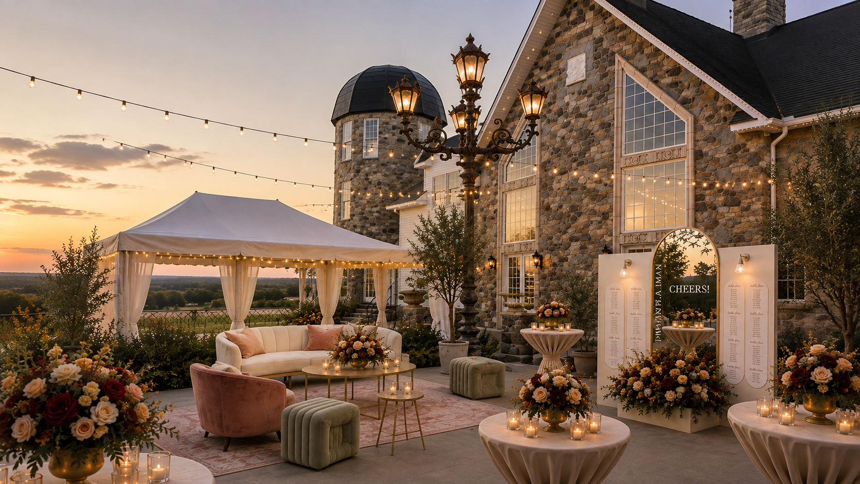 Evening terrace celebration styled by M&K Dream Decor Studio with lounge seating, florals and candlelight